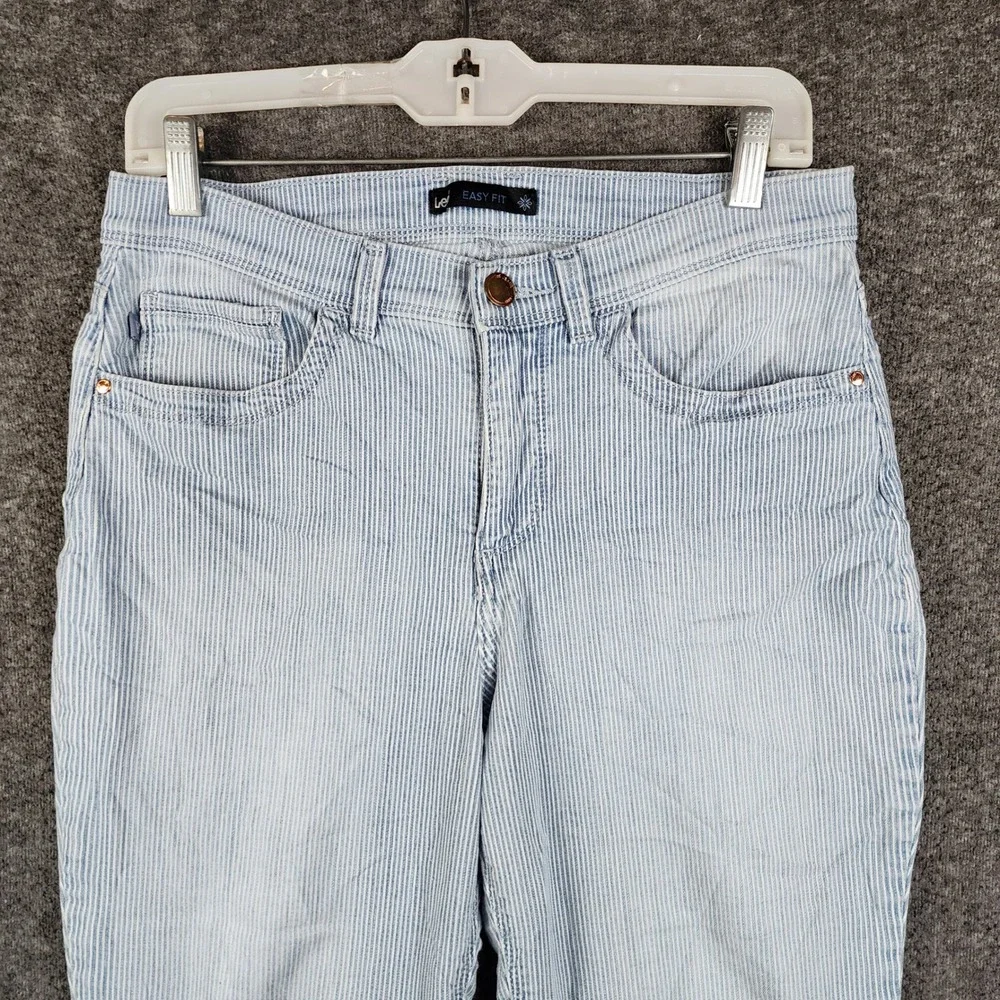 Lee Easy Fit Jeans Womens 8 Light Blue White Pinstripe Straight Leg Relaxed